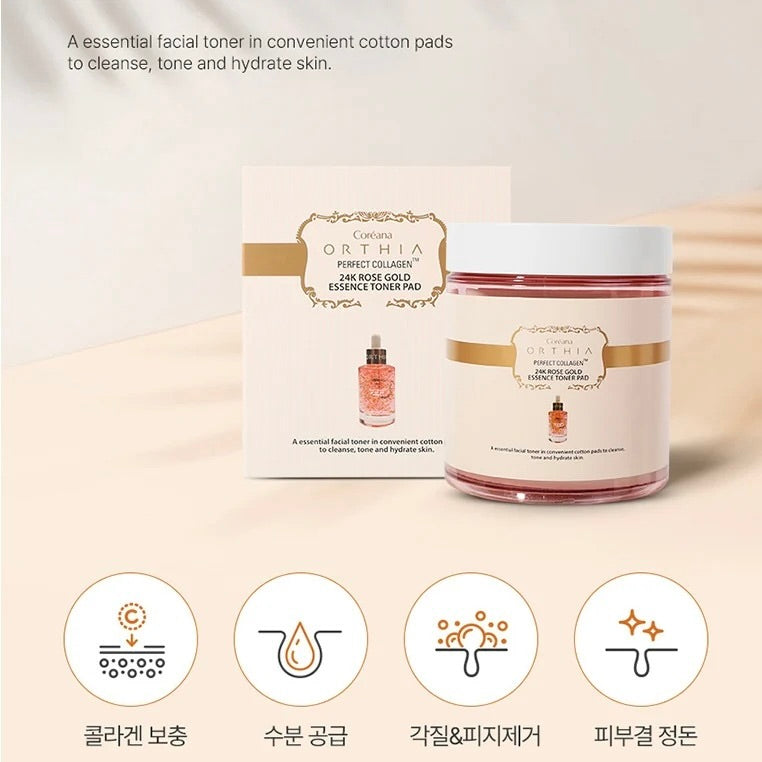 coreana ORTHIA PERFECT COLLAGEN 24K ROSE GOLD ESSENCE TONER PAD