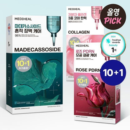 MEDIHEAL Essential Mask Pack 10+1 Sheets – 7 Types (Choose 1) [Sept Olive Young Pick / #1 for 14 Consecutive Years]